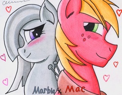 Size: 1628x1263 | Tagged: safe, artist:the1king, big macintosh, marble pie, earth pony, pony, g4, hearthbreakers, bedroom eyes, blushing, heart, looking back, male, ship:marblemac, shipping, smiling, stallion, straight, that was fast
