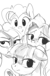 Size: 1600x2400 | Tagged: safe, artist:mrscurlystyles, boulder (g4), limestone pie, marble pie, maud pie, pinkie pie, g4, hearthbreakers, cute, diabetes, grayscale, looking at you, monochrome, pie sisters, sisters