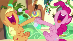 Size: 849x476 | Tagged: safe, screencap, applejack, lemon hearts, pinkie pie, g4, hearthbreakers, laughing, nose in the air, open mouth, volumetric mouth