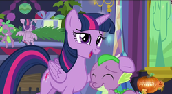 Size: 1874x1027 | Tagged: safe, screencap, spike, twilight sparkle, alicorn, dragon, pony, g4, hearthbreakers, cute, duo, duo male and female, eyes closed, fangs, female, happy, hearth's warming eve, male, mare, open mouth, plushie, spikabetes, spike plushie, spikelove, twiabetes, twilight sparkle (alicorn), twilight sparkle plushie