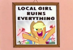 Size: 460x315 | Tagged: safe, screencap, applejack, earth pony, pony, g4, hearthbreakers, everything is ruined, female, happlejack, happy, hearth's warming, hooves up, local mare ruins everything, male, mare, meme, open mouth, picture, picture frame, ruined, smiling, solo, text, the simpsons, uvula, worst pony