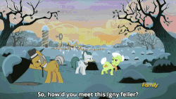 Size: 500x281 | Tagged: safe, screencap, cloudy quartz, granny smith, igneous rock pie, earth pony, pony, g4, hearthbreakers, animated, discovery family, discovery family logo, exposition, female, male, mare, rock, ship:quartzrock, snow, stallion, subtitles