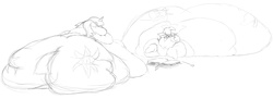 Size: 8689x3153 | Tagged: source needed, safe, artist:fatponysketches, trixie, twilight sparkle, alicorn, pony, unicorn, magic duel, bingo wings, butt, chubby cheeks, fat, female, immobile, impossibly large belly, impossibly large butt, impossibly wide ass, impossibly wide hips, magic, mare, monochrome, morbidly obese, obese, plot, spell, the great and bountiful trixie, twilard sparkle, twilight sparkle (alicorn), weight gain, wide hips