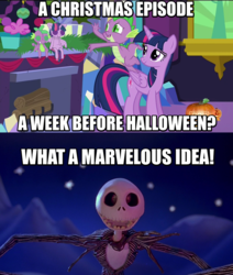 Size: 788x930 | Tagged: safe, edit, edited screencap, screencap, spike, twilight sparkle, alicorn, dragon, pony, g4, hearthbreakers, discovery family logo, disney, doll, dragons riding ponies, female, hearth's warming doll, hearth's warming eve, history repeats itself, image macro, jack skellington, male, mare, meme, meta, present, pumpkin, riding, spike riding twilight, the nightmare before christmas, toy, twilight sparkle (alicorn)