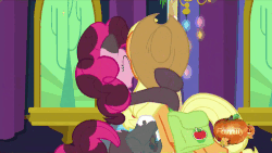 Size: 500x281 | Tagged: safe, screencap, applejack, pinkie pie, g4, hearthbreakers, animated, dirty, discovery family, discovery family logo, female, hug, loop, saddle bag, soot, spinning, you spin me right round