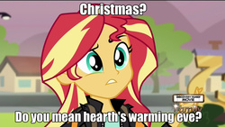 Size: 1280x720 | Tagged: safe, sunset shimmer, equestria girls, g4, my little pony equestria girls: friendship games, caption, christmas, discovery family logo, hearth's warming, image macro, meme, text