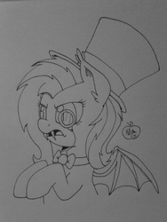 Size: 960x1280 | Tagged: safe, artist:notenoughapples, fluttershy, bat pony, pony, g4, bowtie, disgusted, female, flutterbat, hat, monochrome, monocle, solo, top hat, traditional art