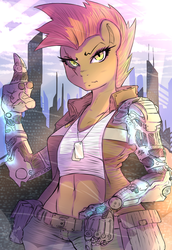 Size: 2809x4092 | Tagged: safe, artist:nxyde, oc, oc only, oc:kira lee, cyborg, anthro, anthro oc, badass, belly button, city, cityscape, clothes, cyberpunk, dog tags, jacket, midriff, pants, pouch, scar, solo, tank top