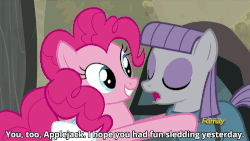 Size: 500x281 | Tagged: safe, screencap, applejack, maud pie, pinkie pie, g4, hearthbreakers, andesite, animated, discovery family, discovery family logo, female, hug, nuzzling, saddle bag, subtitles