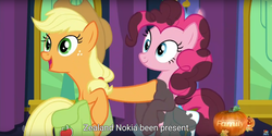 Size: 1920x960 | Tagged: safe, screencap, applejack, pinkie pie, g4, hearthbreakers, meme, nokia, pumpkin, youtube caption, zealand