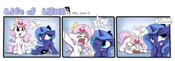 Size: 3507x1226 | Tagged: safe, artist:mistydash, princess celestia, princess luna, alicorn, pony, comic:life of luna, g4, :o, angry, blushing, cewestia, chest fluff, comic, crown, crying, cute, cutelestia, donut, donutlestia, face down ass up, female, filly, floppy ears, fluffy, fourth wall, horn, horn impalement, jewelry, open mouth, pink-mane celestia, regalia, sad, sillestia, silly, silly pony, smiling, trolluna, wink, woona, yelling