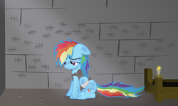 Size: 5026x3005 | Tagged: safe, artist:vector-brony, rainbow dash, g4, bandage, bed, candle, cell, clothes, female, high res, inkscape, jail, prisoner rd, sad, solo, torn clothes, vector