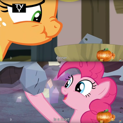 Size: 1920x1920 | Tagged: safe, screencap, applejack, pinkie pie, g4, hearthbreakers, frown, hoof hold, meme, nose wrinkle, open mouth, rock soup, scrunchy face, smiling, youtube caption