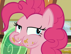 Size: 669x515 | Tagged: safe, screencap, pinkie pie, g4, hearthbreakers, derp, messy eating, train