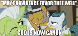Size: 1060x486 | Tagged: safe, edit, edited screencap, screencap, cloudy quartz, granny smith, igneous rock pie, earth pony, pony, g4, hearthbreakers, cropped, eyes closed, female, glasses, god, hat, image macro, male, mare, meme, providence, religion, religion in the comments, stallion
