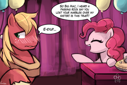 Size: 1125x750 | Tagged: safe, artist:lumineko, big macintosh, pinkie pie, earth pony, pony, g4, hearthbreakers, 30 minute art challenge, balloon, blushing, dialogue, eyes closed, looking back, male, open mouth, pie, pun, raised hoof, ship:marblemac, shipping, signature, speech bubble, stallion, straight, table, talk show, talking