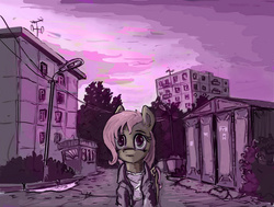 Size: 1280x970 | Tagged: safe, artist:agm, fluttershy, pegasus, pony, g4, clothes, depression, female, folded wings, front view, full face view, garage, jacket, looking at you, outdoors, plattenbau, russia, solo, street, sunset