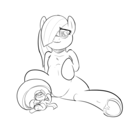 Size: 1000x1000 | Tagged: safe, artist:khorme, limestone pie, marble pie, g4, hearthbreakers, angry, giantess, hoof fetish, macro, monochrome, simple background, size difference, sketch, teasing, underhoof