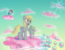 Size: 3377x2577 | Tagged: safe, artist:lars99, derpy hooves, rainbow dash, pegasus, pony, g4, bubble, cloud, cloudy, female, high res, mare, soap