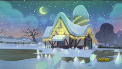 Size: 1920x1080 | Tagged: safe, screencap, g4, hearthbreakers, christmas lights, crescent moon, crystal, discovery family logo, moon, night, pie family home, rock farm, snow, transparent moon