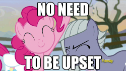 Size: 500x281 | Tagged: safe, screencap, limestone pie, pinkie pie, g4, hearthbreakers, animated, discovery family, discovery family logo, female, head pat, image macro, meme, petting, reaction image, saddle bag, smiling, there is no need to be upset