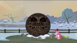 Size: 1280x720 | Tagged: safe, edit, edited screencap, screencap, pinkie pie, earth pony, pony, g4, hearthbreakers, discovery family logo, female, fence, holder's boulder, holder's new boulder meme, mare, moon, raised hoof, saddle bag, solo, termina's moon, the legend of zelda, the legend of zelda: majora's mask, tree, winter