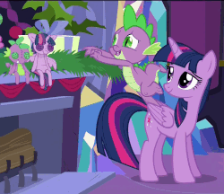 Size: 1251x1080 | Tagged: safe, screencap, spike, twilight sparkle, alicorn, dragon, pony, g4, hearthbreakers, animated, cropped, doll, dragons riding ponies, duo, female, fireplace, hearth's warming doll, loop, male, mare, present, reaching, riding, spike riding twilight, toy, twilight sparkle (alicorn)