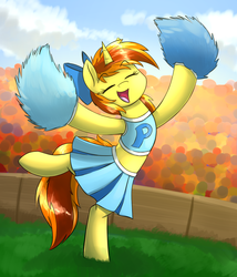 Size: 1383x1615 | Tagged: safe, artist:otakuap, oc, oc only, oc:bright ember, pony, unicorn, balancing, cheerleader, clothes, eyes closed, midriff, skirt, solo