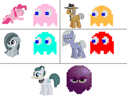 Size: 2544x2032 | Tagged: safe, cloudy quartz, igneous rock pie, limestone pie, marble pie, pinkie pie, earth pony, ghost, pony, undead, g4, blinky, clyde, family, father and child, father and daughter, female, high res, husband and wife, inky, male, mother and child, mother and daughter, mother and father, pac-man, parent, pie family, pie sisters, pinky (pac-man), pun, ship:quartzrock, siblings, sisters, sue (pac-man)