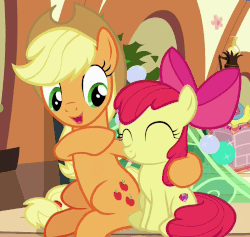 Size: 1094x1037 | Tagged: safe, screencap, apple bloom, applejack, earth pony, pony, g4, hearthbreakers, animated, boop, eyes closed, female, filly, loop, mare