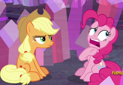 Size: 654x456 | Tagged: safe, screencap, applejack, pinkie pie, g4, hearthbreakers, open mouth, sitting