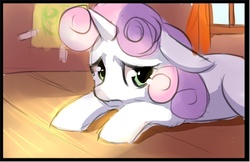 Size: 800x518 | Tagged: safe, artist:starshinebeast, sweetie belle, g4, cute, depressed, female, filly, floor, foal, prone, sad, solo