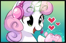 Size: 800x521 | Tagged: safe, artist:starshinebeast, sweetie belle, g4, controller, cute, excited, female, filly, foal, gamer, gaming, happy, magic, solo