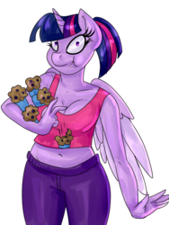 Size: 960x1280 | Tagged: safe, artist:lisa400, twilight sparkle, anthro, g4, alternate hairstyle, belly button, caught, cleavage, clothes, colored wings, colored wingtips, cute, dropping, eating, female, food, looking at you, midriff, muffin, ponytail, puffy cheeks, shocked, solo, tank top, twilight sparkle (alicorn), yoga pants
