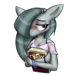 Size: 2000x2000 | Tagged: safe, artist:tunderi, marble pie, earth pony, anthro, g4, hearthbreakers, blushing, clothes, diary, female, hair over one eye, high res, piercing, shy, solo
