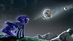 Size: 4800x2700 | Tagged: safe, artist:flamevulture17, princess luna, g4, debris, female, moon, mountain, night, solo, stars