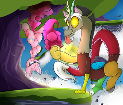 Size: 3600x3050 | Tagged: safe, artist:madacon, discord, pinkie pie, draconequus, earth pony, pony, g4, angry, annoyed, bald, cloud, discord being discord, duo, female, floating island, high res, ice cream, male, mare, pinkie pie is not amused, this will end in death, unamused, upside down