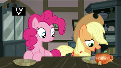 Size: 1920x1080 | Tagged: safe, screencap, applejack, pinkie pie, g4, hearthbreakers, discovery family logo, pumpkin, rock soup