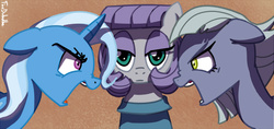 Size: 700x330 | Tagged: safe, artist:foudubulbe, limestone pie, maud pie, trixie, pony, unicorn, comic:damp rocks, g4, angry, eye contact, female, floppy ears, frown, glare, mare, nose wrinkle, open mouth, yelling