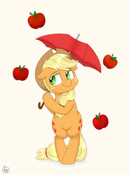 Size: 2000x2700 | Tagged: safe, artist:notenoughapples, applejack, earth pony, pony, g4, apple, apple rain, bipedal, both cutie marks, female, high res, rain, solo, standing on two hooves, that pony sure does love apples, umbrella