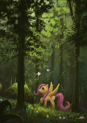 Size: 1480x2093 | Tagged: safe, artist:hunky-dory-artist, fluttershy, butterfly, pegasus, pony, g4, female, forest, mare, raised hoof, scenery, smiling, solo, spread wings, wings