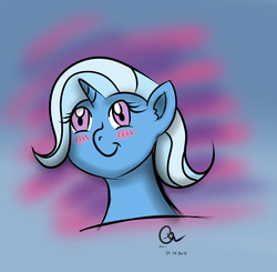 Size: 1024x1002 | Tagged: dead source, safe, artist:owlisun, trixie, pony, unicorn, g4, blushing, digital art, drawing, female, mare, simple background, smiling, solo