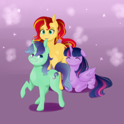 Size: 1024x1024 | Tagged: safe, artist:chiweee, sunset shimmer, twilight sparkle, oc, oc:light, alicorn, pony, unicorn, g4, adopted offspring, colt, family, family photo, female, heterochromia, lesbian, male, mare, next generation, parent:sunset shimmer, parent:twilight sparkle, parents:sunsetsparkle, ponytail, ship:sunsetsparkle, shipping, smiling, twilight sparkle (alicorn)