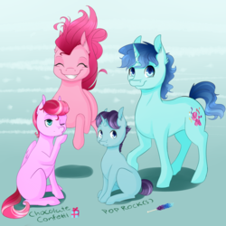 Size: 1024x1024 | Tagged: safe, artist:chiweee, party favor, pinkie pie, oc, oc:chocolate confetti, oc:pop rocks, earth pony, pegasus, pony, unicorn, g4, bouncing, cute, family, family photo, female, implied farting, male, next generation, offspring, parent:party favor, parent:pinkie pie, parents:partypie, pompadour, ship:partypie, shipping, smiling, straight