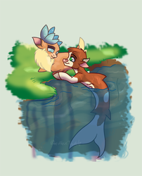 Size: 728x900 | Tagged: safe, artist:alorix, arizona (tfh), velvet (tfh), cow, deer, reindeer, them's fightin' herds, community related, riverbank, seacow, simple background, species swap, velvezona daily, water