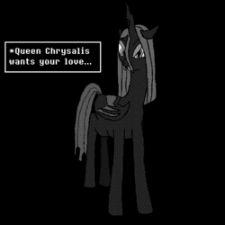 Size: 1024x1024 | Tagged: safe, artist:derek the metagamer, queen chrysalis, changeling, changeling queen, g4, black and white, digital drawing, dither, grayscale, monochrome, pattern dither, simple background, solo, undertale