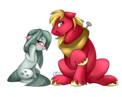 Size: 1280x1024 | Tagged: safe, artist:dragonfoxgirl, big macintosh, marble pie, earth pony, pony, g4, hearthbreakers, blushing, ear blush, female, floppy ears, lip bite, looking away, male, mare, ship:marblemac, shipping, simple background, sitting, smiling, stallion, straight, transparent background