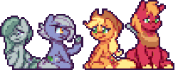 Size: 404x160 | Tagged: safe, artist:mrponiator, applejack, big macintosh, limestone pie, marble pie, earth pony, pony, g4, hearthbreakers, :t, animated, cute, eating, female, grimace, grin, male, mare, nervous, pixel art, raised hoof, rock, season 5 pixel art, ship:marblemac, shipping, shy, simple background, sitting, smiling, stallion, straight, transparent background