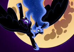 Size: 1920x1355 | Tagged: safe, artist:deeptriviality, nightmare moon, g4, female, flying, moon, solo