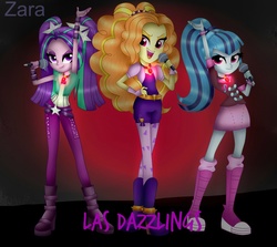 Size: 1024x912 | Tagged: safe, artist:zaralaurapro, adagio dazzle, aria blaze, sonata dusk, equestria girls, g4, my little pony equestria girls: rainbow rocks, amulet, clothes, fingerless gloves, gloves, group, microphone, necklace, open mouth, show accurate, signature, singing, spanish, speedpaint, spikes, the dazzlings, trio, under our spell, wristband